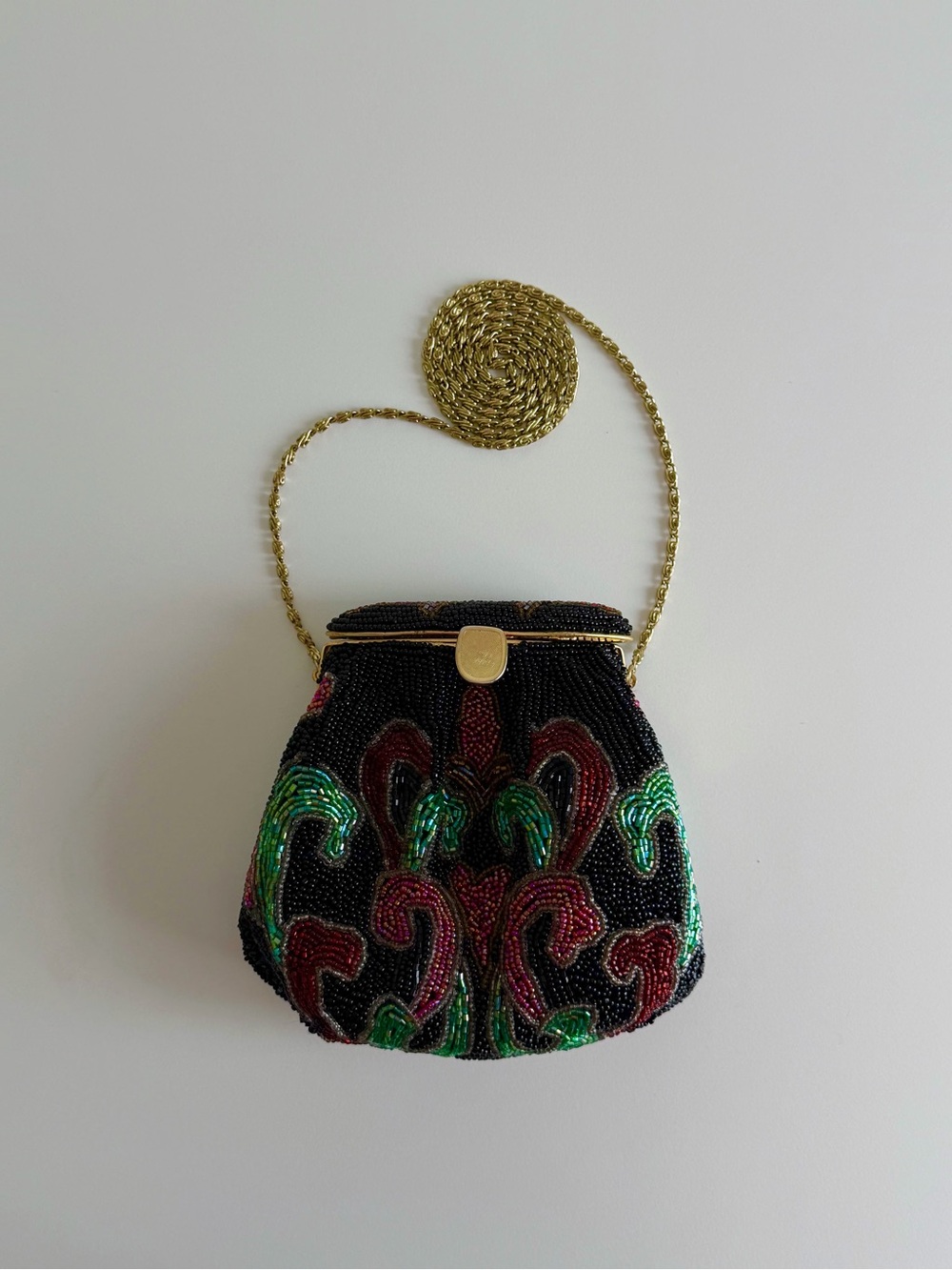 Beaded Black Evening Bag with Green and Red Accents